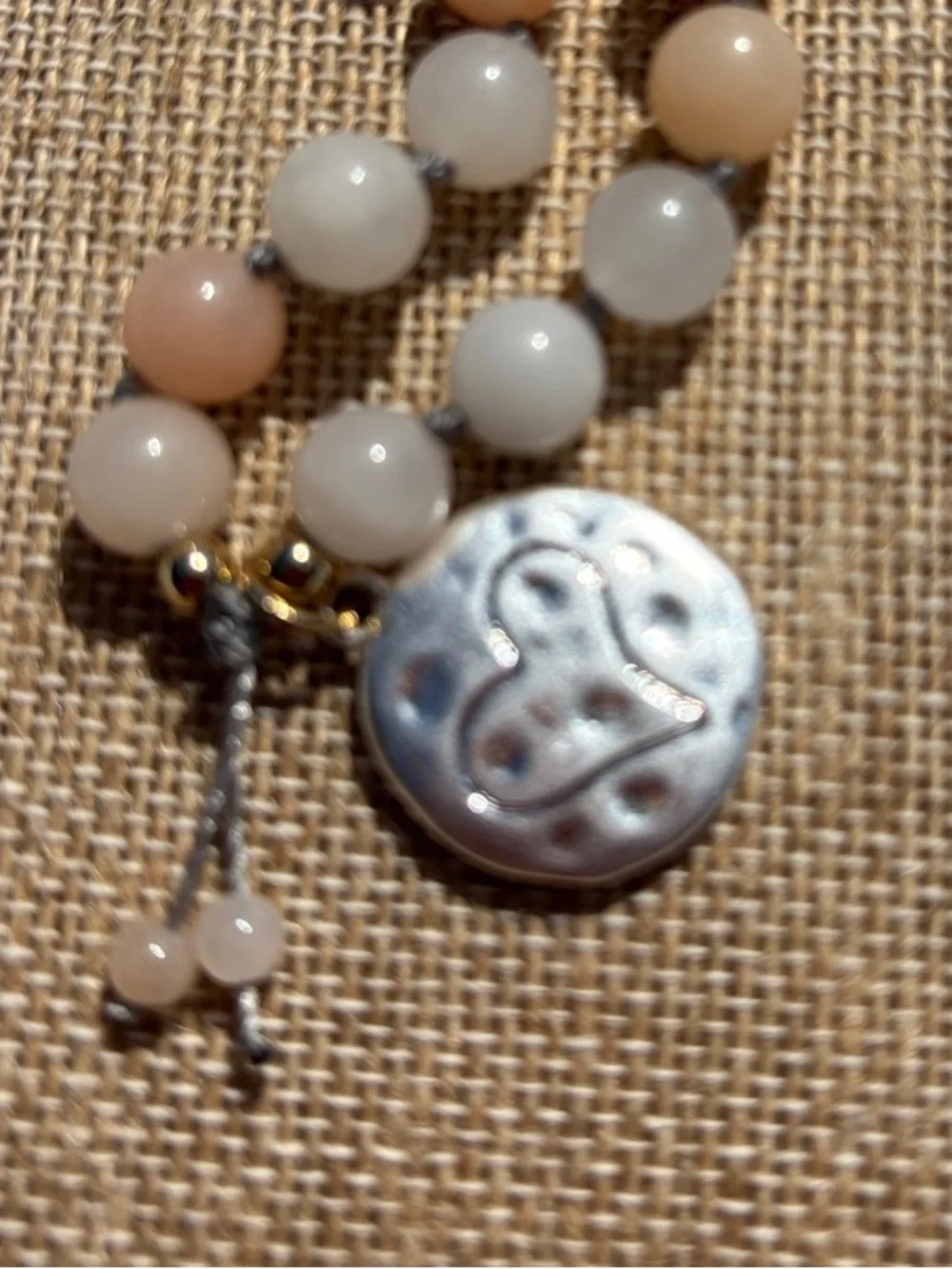 Hand-Knotted White & Peach Jade Beaded Necklace with Two-Toned Heart Disk Charm